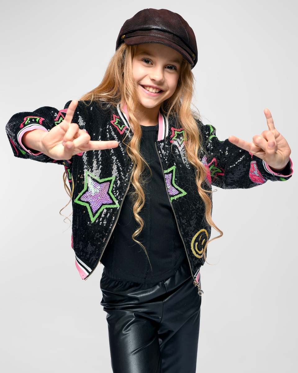 Girl's Sequin Star & Happy Face-Print Bomber Jacket, Size 7-